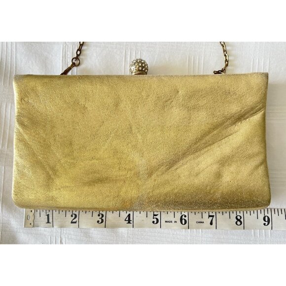 Gold Metal Mesh Evening Clutch Purse Rhinestone Crystal Teardrop Accents Vintage - Picture 4 of 7